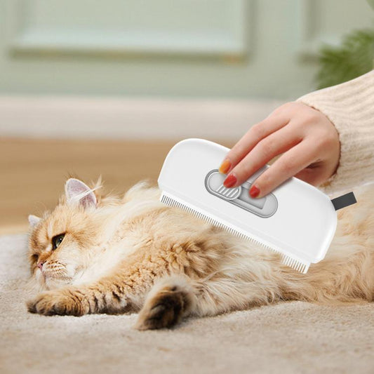 Retractable pet de-shedding comb with dual-tooth rake, held in hand for grooming
