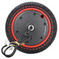 Replacement electric scooter wheel tire with black tread, red rim, and hub wiring