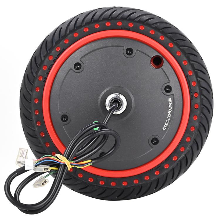 Replacement electric scooter wheel tire with black tread, red rim, and hub wiring