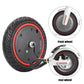 Electric scooter wheel tire with red-trim tread, hub views for front and rear wheels