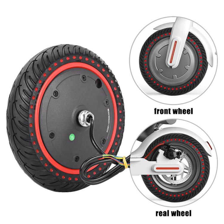 Electric scooter wheel tire with red-trim tread, hub views for front and rear wheels