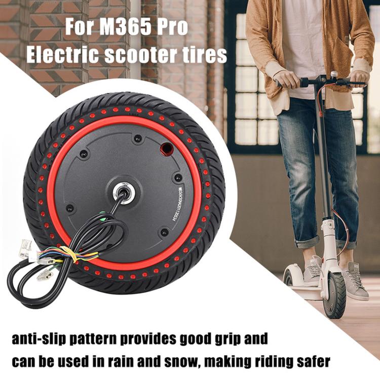 Electric scooter wheel tire with black anti-slip tread, red rim, and hub