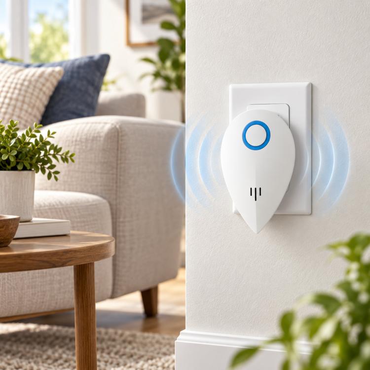 Wall-mounted ultrasonic repeller on outlet with blue ring indicator showing outward sound-wave arcs