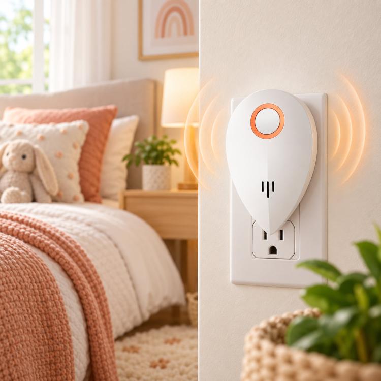 Wall-mounted ultrasonic repeller on outlet with orange ring indicator and power plug below