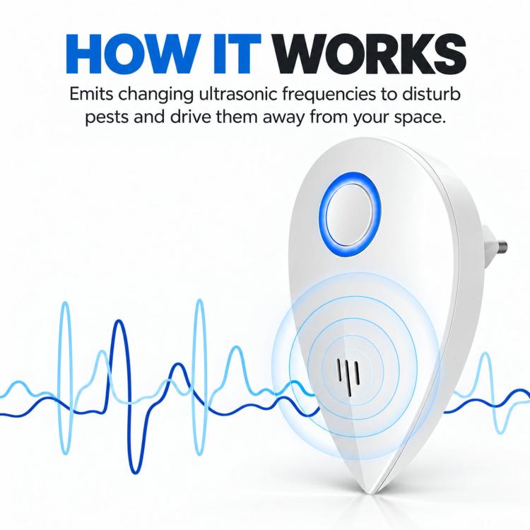 Standalone ultrasonic repeller with blue ring indicator emitting circular wave patterns