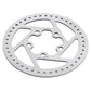Silver disc brake rotor close-up of cutouts and bolt holes