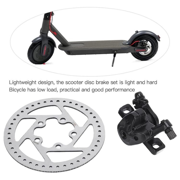 Disc brake kit with silver rotor and black caliper shown on scooter wheel