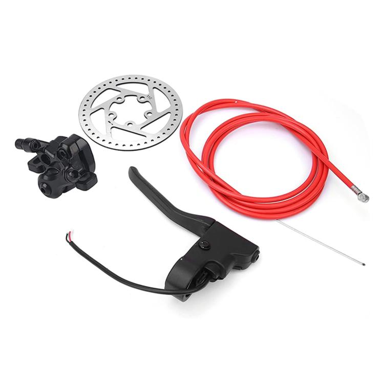 Disc brake conversion kit with 110mm rotor, red brake cable, and caliper lever