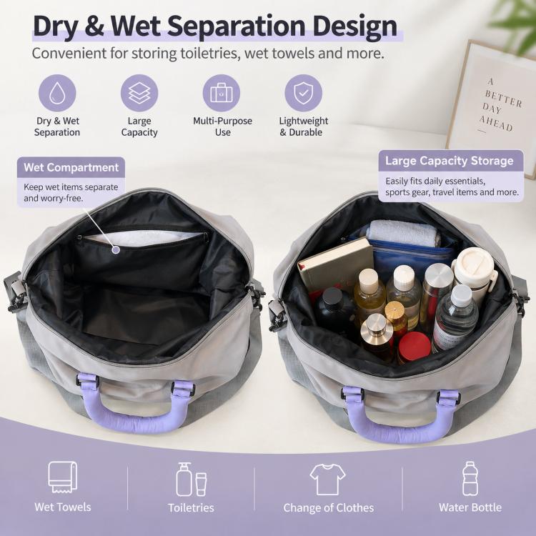 Expandable travel duffle bag with wet/dry separated pockets and purple handles