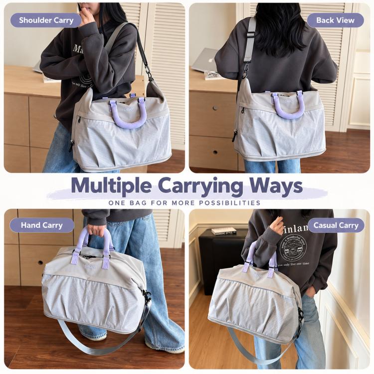 Light grey duffel bag with lavender handles worn on shoulder and hand carry