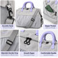 Light grey duffel bag with lavender handles, zipper pocket, and adjustable strap details
