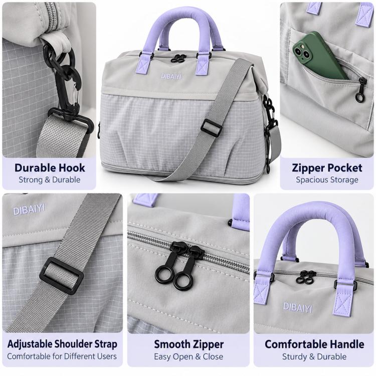 Light grey duffel bag with lavender handles, zipper pocket, and adjustable strap details