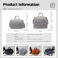 Grey duffel bag product diagram with dimensions and adjustable shoulder strap