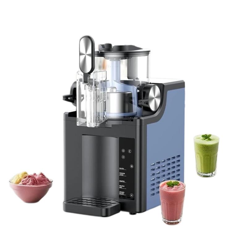 Home slushy and frozen drink maker with clear mixing chamber, blue base, and black stand