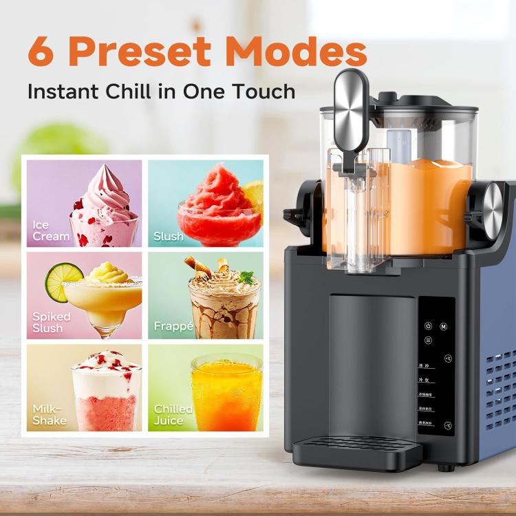 Home frozen drink slushy machine with blue body and transparent container for mixing