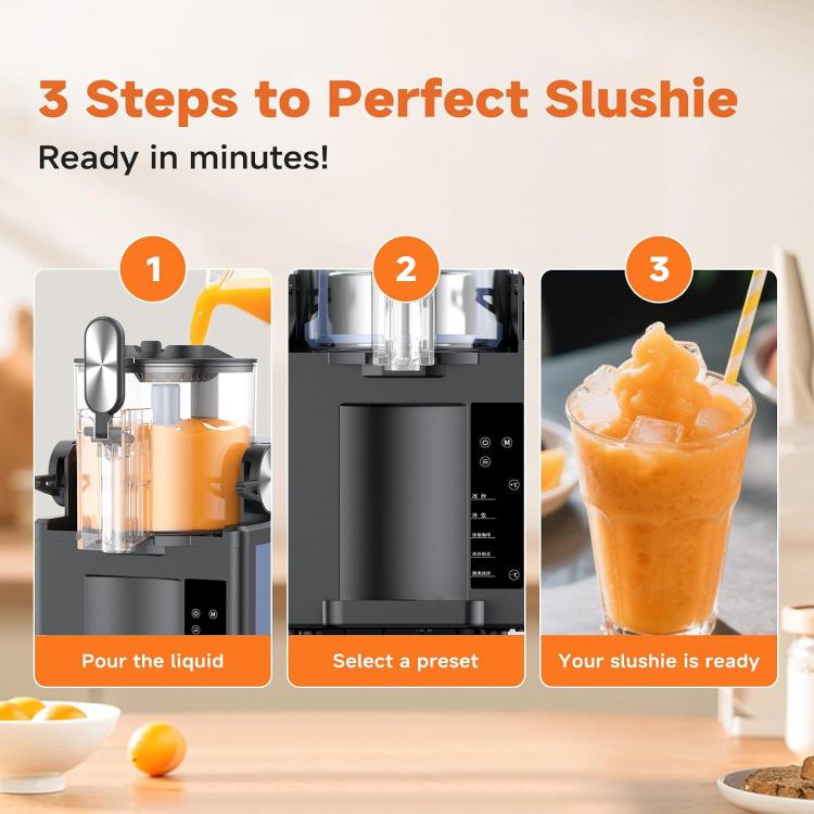 Slushy machine for home use with clear blending chamber and black countertop base