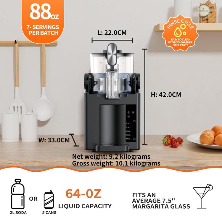 Compact slushy drink machine with blue side housing, clear chamber, and front dispensing area