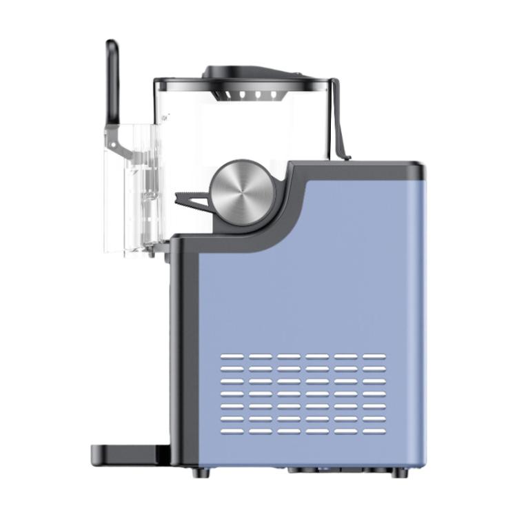 Blue and black slushy machine side view with clear spout and front ventilation grille