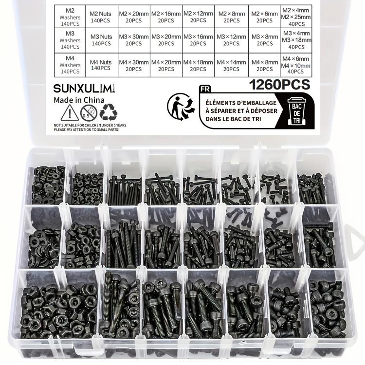 Socket head cap screw kit in black, with nuts and washers in organizer box