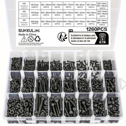 Socket head cap screw kit in black, with nuts and washers in organizer box