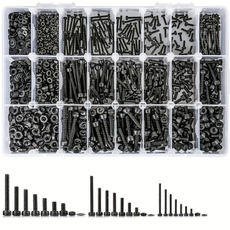 Metric socket head cap screw and nut kit, black hardware in divided clear tray