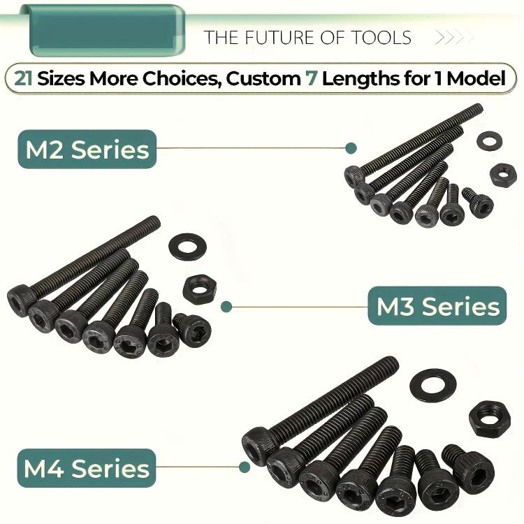 Metric socket head cap screws kit, M2/M3/M4 sizes shown with washers and nuts