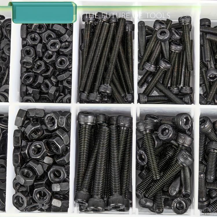 Assorted black socket head cap screws and hex nuts in compartmented plastic tray