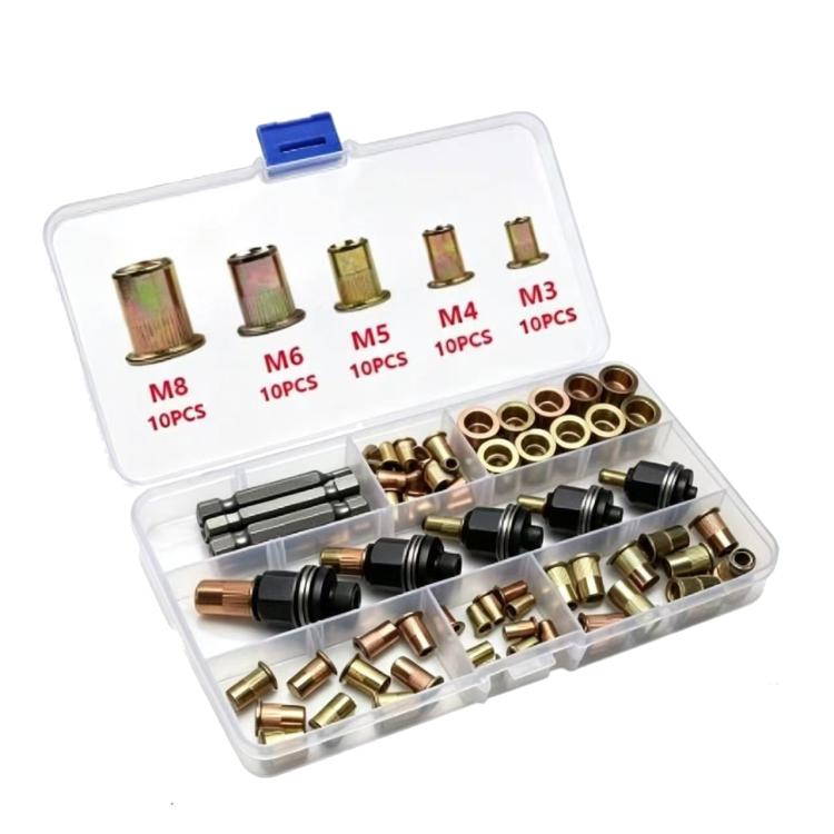 Rivet nut mandrel kit in clear plastic case with brass inserts and black mandrel tools