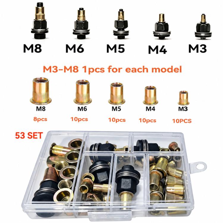 Assorted rivet nut mandrels and brass rivet nuts labeled M3 to M8 in plastic case