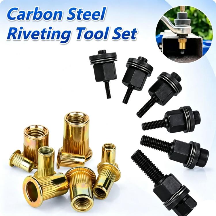 Carbon steel rivet nut riveter tool set with brass rivet nuts and black mandrels