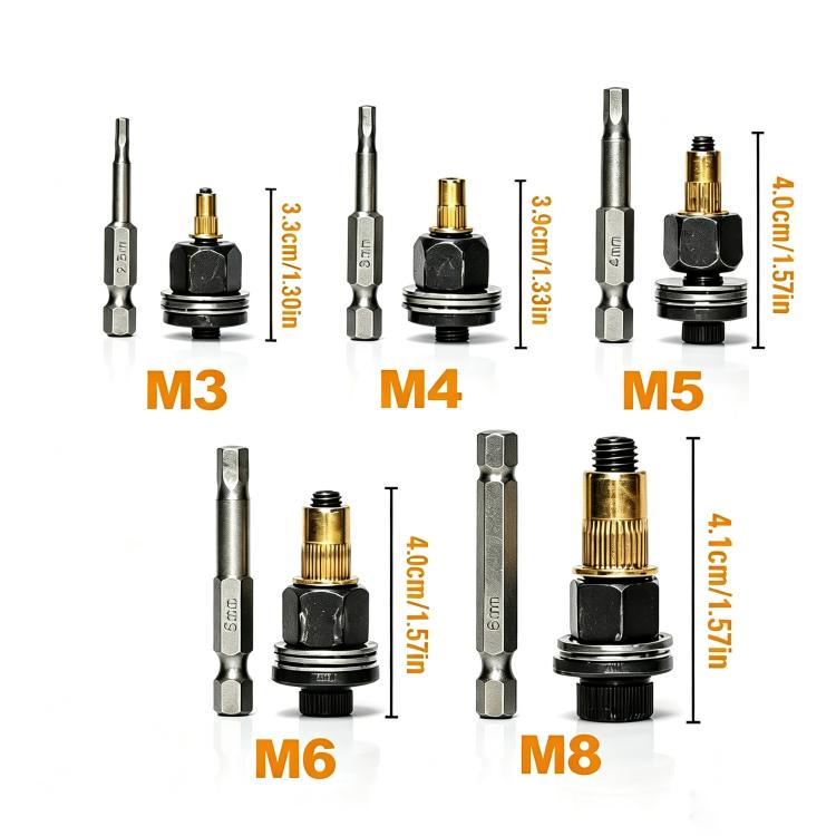 Metric rivet nut mandrel tools for M3–M8 with brass and steel drivers, size guide
