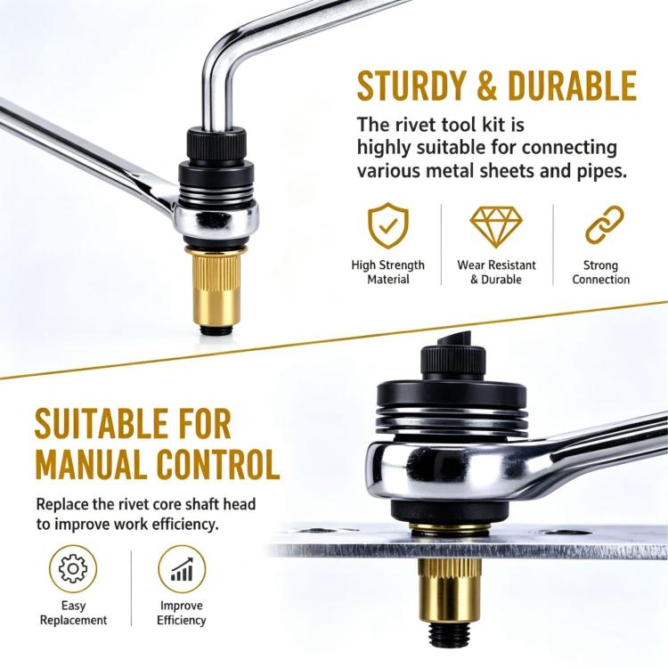 Manual rivet nut tool with chrome handle and black mandrel head, with brass insert