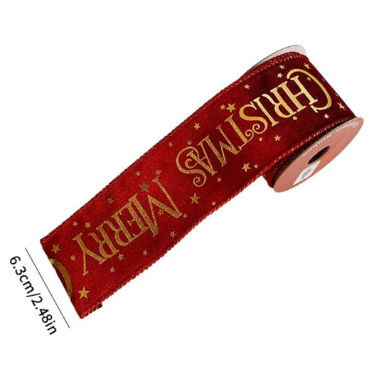 Red wine Christmas ribbon with gold foil “Merry Christmas” letters and stars, roll