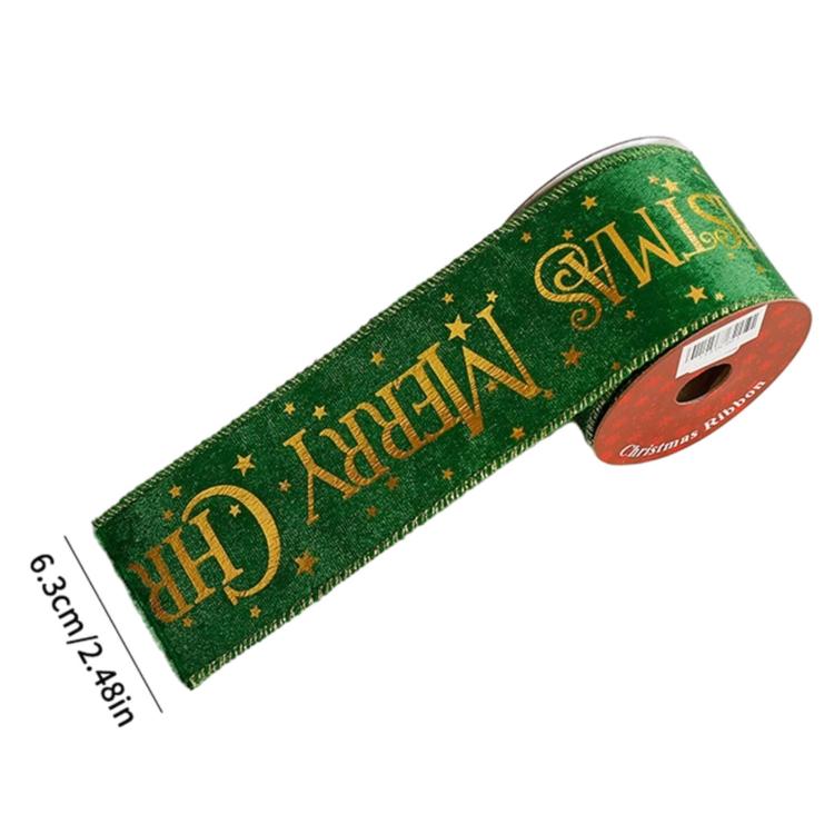 Green Christmas ribbon with gold foil “Merry Christmas” letters and star accents, roll