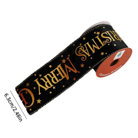 Black Christmas ribbon with gold foil “Merry Christmas” letters and star details, roll
