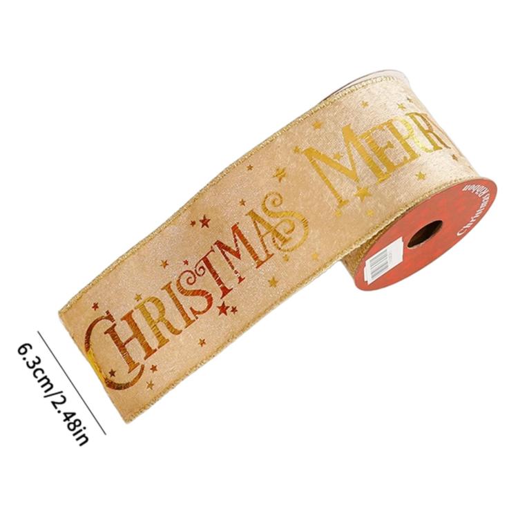 Champagne gold Christmas ribbon with gold foil “HRS CHRISTMAS” lettering, roll