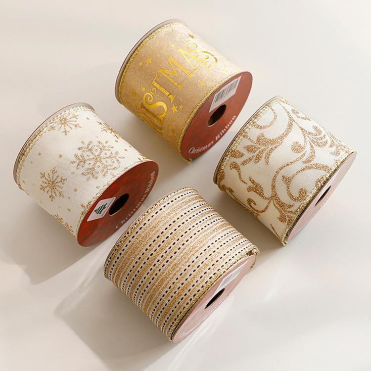 Three Christmas ribbon rolls in gold tones: “CHRISTMAS”, filigree, and dotted stripes
