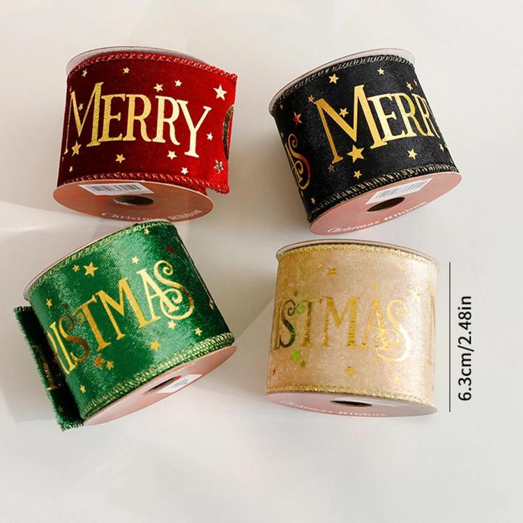 Four Christmas ribbon rolls: red “Merry”, black “Merry”, green “S T M A S”, gold “S T M A S”