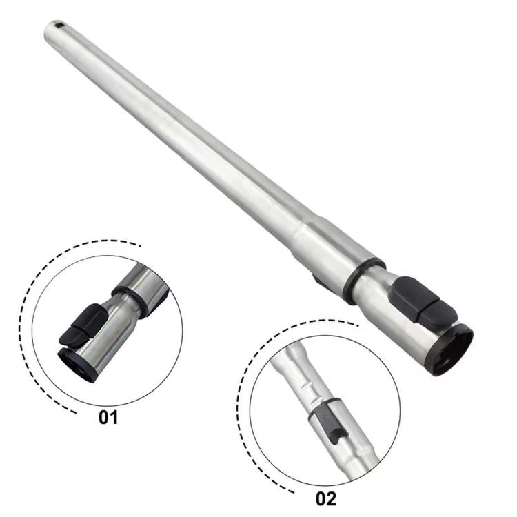 Telescopic vacuum wand showing two positions with black rubber end caps