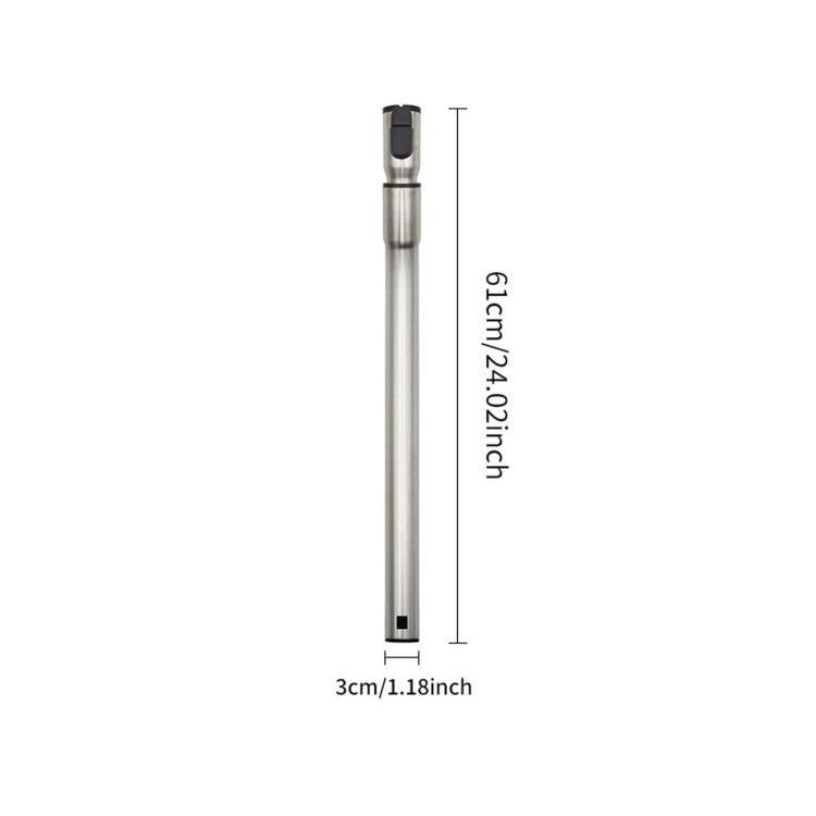 Measured stainless steel vacuum extension wand with black plastic collar at one end