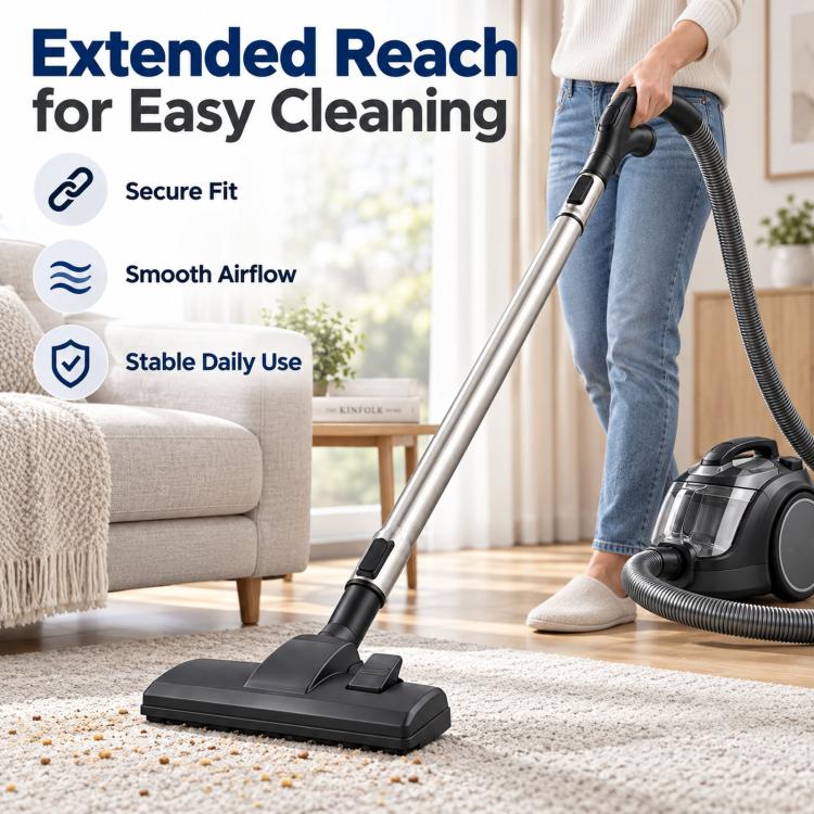 Telescopic vacuum wand and floor nozzle in use for extended reach cleaning