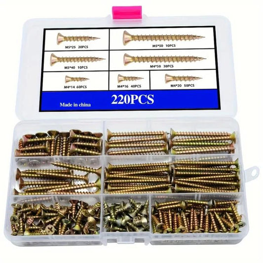 Yellow Zinc Plated Chipboard Screw Kit Flat Head Wood Screws Assortment Set, 220 PCS/Box M4 - M5, 340 PCS/Box M4, 420 PCS/Box M3 - M5