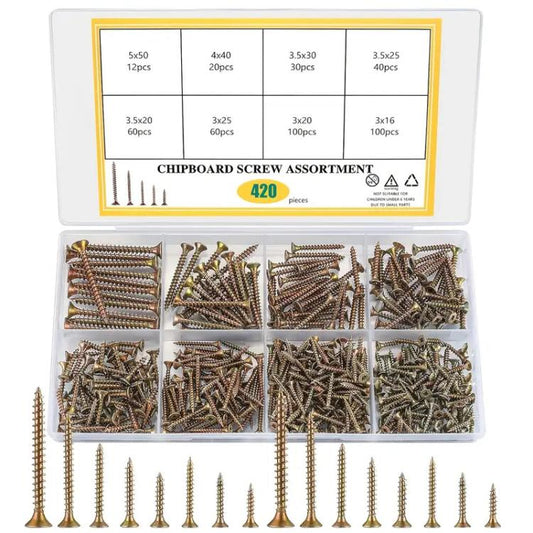 Yellow Zinc Plated Chipboard Screw Kit Flat Head Wood Screws Assortment Set, 220 PCS/Box M4 - M5, 340 PCS/Box M4, 420 PCS/Box M3 - M5