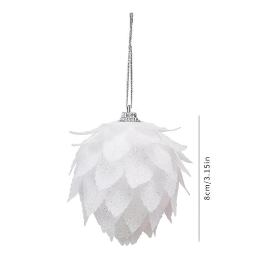 8cm white petal foam ball ornament with silver hanging loop and glittery texture