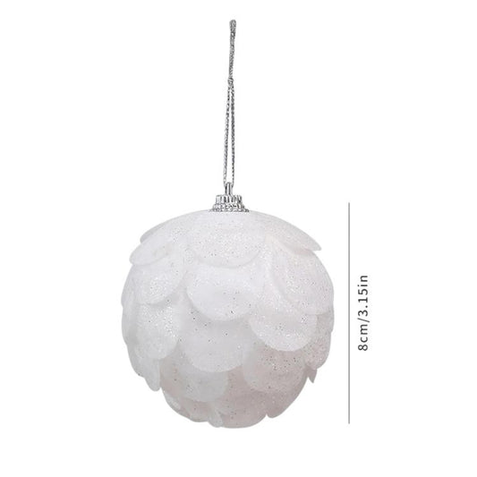 8cm white petal foam ball ornament with silver hanging loop and layered petal top