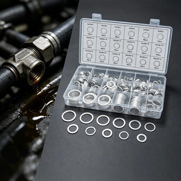 Aluminum sealing flat washers kit with mixed sizes and metal rings laid out