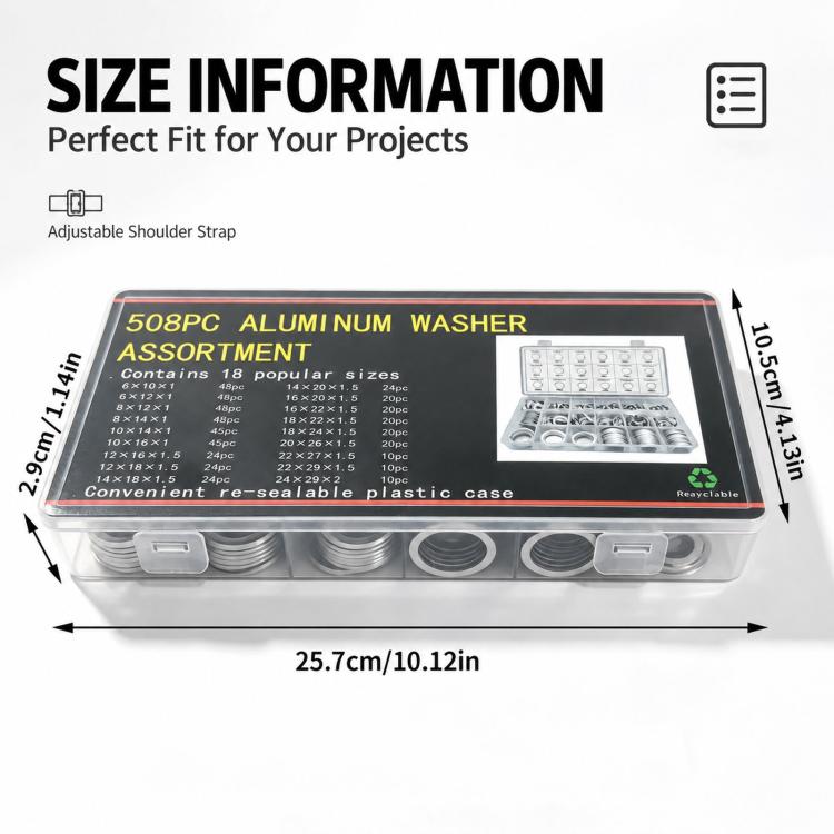 Aluminum washer assortment box with multiple compartments and tray of washers