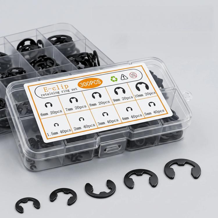 E-clip retaining ring assortment kit in clear plastic box with black clips, 300 pcs