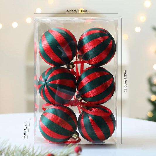 Red and green striped wrapped ball Christmas ornaments, 8 cm, 6-pack