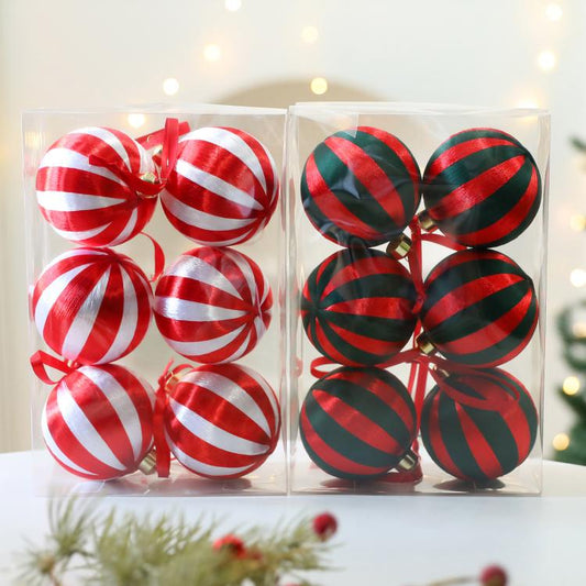Striped wrapped ball Christmas ornaments set: red/white and red/green, 8 cm, 6-pack